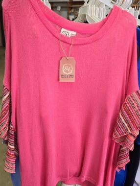 Grace & Emma Hot Pink Knit Flutter-Sleeve Tunic